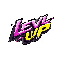 This pixel art bursts with retro energy, showcasing the words "LEVEL UP" in vibrant magenta and yellow. Angled and stylized with bold outlines and dynamic streaks, the text evokes a feeling of excitement and progression reminiscent of classic arcade games.