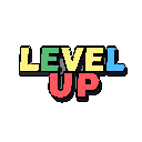 This pixel art displays a vibrant, stacked "LEVEL UP" message with individually colored letters and a subtle 3D shadow effect. The design evokes a celebratory, retro-gaming feel, perfect for marking progress or achievement.