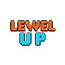 "LEVEL UP" is boldly displayed in pixel art, with vibrant orange letters for "LEVEL" and cyan for "UP," evoking a nostalgic retro-gaming feel. The high-contrast design and blocky lettering create an energetic, celebratory vibe.