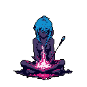 A lone figure in deep meditation summons vibrant energy, depicted in striking cyan, fuchsia, and purple pixels. The powerful, serene scene evokes a sense of quiet magic and inner strength.