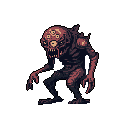 This pixel art depicts a grotesque, multi-eyed monster with jagged teeth and a menacing posture. The creature's unsettling color palette and detailed design evoke a sense of dread and alien horror.