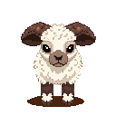 A charming pixel art ram with a neutral expression stands centered against a black void, its earthy color palette and intricate wool texture creating a gentle and endearing vibe.