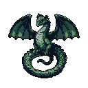 This pixel art features a watchful green dragon, coiled and poised against a stark black background. Its bat-like wings spread wide, creating a sense of contained power and fantasy.