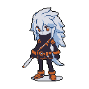 A cool, mysterious warrior with spiky white hair and glowing orange eyes stands ready, clad in a dark suit with vibrant orange accents and wielding a white blade. This stylized pixel art character exudes a focused and potentially dangerous vibe.