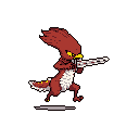 A pixelated, avian-like warrior charges forward, clutching a futuristic rifle with an intense gaze. The red-brown creature, with its striking yellow eyes and white accents, appears ready for combat against a stark black backdrop. A subtle grey line beneath it suggests a ground plane, enhancing the dynamic action.
