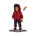 This pixel art features a confident young man with spiky hair and a red hoodie, holding a white object in his hand. His friendly expression and vibrant style give off an energetic and modern vibe.