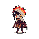 This pixel art features a determined chibi character with fiery red and orange tipped spiky hair, cloaked and armored for adventure. The intense red eyes and warm color palette suggest a powerful mage or warrior ready for action.
