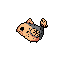 This pixel art depicts a fragmented human skull, rendered in a macabre style with a limited, desaturated color palette. The decaying subject evokes a sense of desolation and a tragic past against a stark black background.