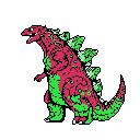 A stylized, reptilian kaiju rendered in vibrant lime green and magenta stands powerfully in profile, its jagged dorsal fins adding to its retro, 8-bit monster design. The contrasting colors and bold pixel art evoke a nostalgic, yet formidable, presence.