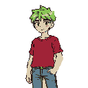 This pixel art portrait features a friendly, young character with spiky lime-green hair, a red t-shirt, and blue jeans, striking a casual pose. The image captures a youthful, approachable vibe with a touch of modern charm.