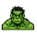 This pixel art bust captures the Incredible Hulk's raw power with a retro aesthetic. His intense, glowing eyes and furrowed brow convey barely contained aggression, reminiscent of a classic video game boss.