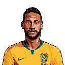 This pixel art portrait captures the iconic soccer player Neymar Jr. in the vibrant yellow jersey of the Brazilian national team, rendered with retro gaming style. The detailed, yet stoic, depiction against a stark black backdrop evokes a sense of classic sports imagery.