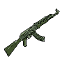 This pixel art image showcases a detailed, isometric AK-47-style assault rifle rendered in muted military tones. The stark and isolated depiction emphasizes the weapon's form and evokes a sense of tactical readiness.