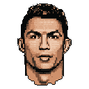 This pixel art portrait captures Cristiano Ronaldo's likeness with a focused expression using a limited, retro-style color palette. Set against a stark black background, the image evokes a nostalgic, iconic feel.