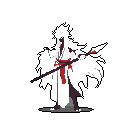 A solitary, powerful figure with spiky white hair and a red-accented robe stands ready in the void, wielding a two-pronged spear. The high-contrast pixel art evokes a sense of strength and untamed nature.
