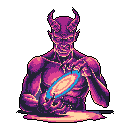 A menacing, horned demon is intensely focused on manipulating a glowing, disc-like object in its clawed hands. The pixel art style and vibrant colors create an ominous and powerful image, hinting at a magical or sinister act.