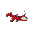 A fierce, red pixel art dragon lunges forward with vibrant yellow accents, its determined expression highlighted against a stark black void.