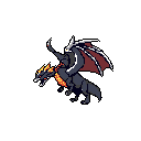 A pixel art dragon roars through the darkness, its fiery breath illuminating its powerful, stylized form. The dark-colored beast, wings spread in flight, embodies a sense of intensity and imposing strength.