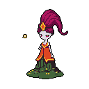 A mysterious, ethereal figure with magenta locks and a plant-like lower body stands poised against a black void. Piercing red eyes and a striking color palette enhance the otherworldly vibe of this fantastical being.