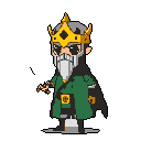 A regal, pixel-art king with a long white beard stands in a commanding pose, his gold crown gleaming against his dark robes. The stylized character, reminiscent of classic video games, exudes an imposing presence with his intense stare.