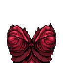 Emerging from a black void, this pixel art showcases a mysterious, segmented, and fleshy red form, possibly a biological core or alien entity. The intricate layers and bulbous shapes create an unsettling yet organic vibe.