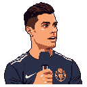 This pixel art portrait captures a focused soccer player mid-interview, microphone in hand, sporting his team's jersey with the iconic Nike swoosh. The detailed rendering of his expression and uniform against a stark black background creates a professional and slightly retro vibe.
