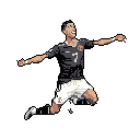 This pixel art captures a football player in a triumphant mid-air jump, number "7" emblazoned on his back. The energetic pose and shouting expression convey a moment of victory and elation.