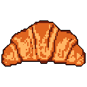 This pixel art showcases a delicious, flaky croissant in warm shades of brown and orange. The simple, nostalgic design highlights the pastry's crescent shape and texture against a stark background, making it the star of the show.