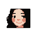 This pixel art portrait features a cute, stylized face with a gentle smile and playful wink, rendered in a warm, muted palette against a stark black background. The simple design and limited color scheme evoke a nostalgic, serene feeling.