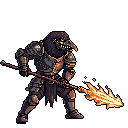 A menacing, crow-headed warrior in dark armor stands ready, wielding a fiery polearm. The figure's intimidating presence and the weapon's vibrant flames create a powerful, ominous impression.