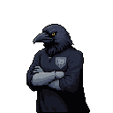 A striking pixel art image features a raven-headed humanoid with piercing yellow eyes and a mysterious skull emblem, exuding quiet power. Standing confidently with arms crossed, the figure captivates with its intriguing blend of avian and human features.