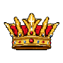 This pixel art image showcases a regal crown rendered in vibrant golds, reds, and blues, evoking a sense of classic fantasy and power. The detailed sprite, reminiscent of retro game icons, exudes royalty with its opulent color scheme and intricate design.