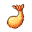 This pixel art image showcases a delicious-looking, golden-brown Ebi Fry (breaded shrimp) in a simple, nostalgic style. The warm colors and detailed texture of the breading make this isolated food item pop against the dark background.