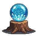 A glowing blue orb, filled with crystalline structures, rests atop a rough-hewn tree stump in this captivating pixel art piece. The magical artifact emanates light against a stark black background, creating a mystical and ethereal vibe.