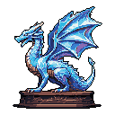 A majestic, blue and purple pixel art dragon stands in regal repose, its piercing gaze and intricate wings radiating a magical, icy power. The detailed rendering and vibrant color palette evoke a nostalgic yet sophisticated fantasy vibe.