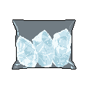 This pixel art depicts a transparent plastic bag containing three jagged shards of ice, rendered in cool blue and white tones to capture their cold, crystalline texture. The simple image, set against a black backdrop, evokes a sense of utility and coldness.