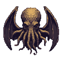This pixel art presents a terrifying, stylized Cthulhu with outstretched wings, its ancient form rendered in muted, ominous tones. The monstrous entity emanates cosmic horror with its piercing gaze and imposing presence.