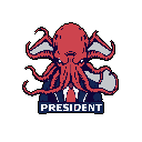 This pixel art image features a red octopus in a navy suit, complete with a tie, and the title "PRESIDENT." The unexpected combination of formal attire and the cephalopod subject creates a humorous and retro-inspired design.
