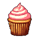 A delectable pixel art cupcake, featuring a golden-brown wrapper and a swirl of glossy pink frosting, stands out against a stark background. This sweet treat evokes a feeling of simple indulgence.