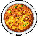 A comforting bowl of pixelated stew or curry, rendered in warm, earthy tones, fills a simple white bowl. This top-down view of the hearty dish evokes retro gaming nostalgia with its rich textures and vibrant colors.
