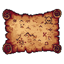 This pixel art treasure map depicts a weathered parchment filled with symbols of adventure, hinting at a hidden treasure marked by a bold "X." The classic skull and crossbones emblem adds a touch of pirate danger to this nostalgic quest.