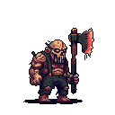 This pixel art portrays a menacing, orc-like figure wielding a blood-soaked axe, its glowing red eyes hinting at a predatory undead nature. The grotesque creature, rendered in dark and gritty tones, stands ready to strike.