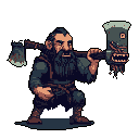 A battle-hardened dwarf warrior stands ready, wielding a massive, blood-stained two-headed warhammer. His grim expression and crouched stance convey strength and determination in this striking pixel art portrait.