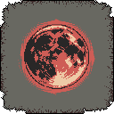 A pixelated blood moon dominates the image, its crimson surface and radiating aura creating a powerful, ominous presence. The textured surface and distressed border add to the mystical and foreboding atmosphere.
