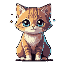 This pixel art depicts an irresistibly cute tabby kitten with enormous, pleading blue eyes, perfectly posed against a stark black background. Its warm, earthy tones and soft glow create a charming and nostalgic aesthetic.