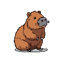 This pixel art image showcases a charming, seated capybara with a gentle expression, rendered in warm earthy tones. The stylized, chunky form and simple pose evoke a calm and endearing vibe.