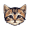 This charming pixel art portrait captures the endearing face of a young tabby cat staring directly at the viewer. The limited color palette and focused detail create a captivating and surprisingly lifelike image against a stark black background.