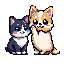 This adorable pixel art features a grey cat and a corgi-like dog, side-by-side against a black background, sharing a heartwarming moment with playful gestures and bright, cheerful colors. Their expressive eyes and subtle smiles create a feeling of warmth and friendship.