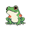 This pixel art image features a charming green frog with bright orange eyes and rosy cheeks, posed against a stark black background. The stylized design and soft colors evoke a nostalgic and whimsical feeling.