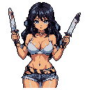 A pixel art character with anime-inspired features holds bloodied machetes, creating a disarming contrast between her cute appearance and the violent implication. Her outfit includes a caution-tape style belt, adding another layer of intrigue to the unsettling image.
